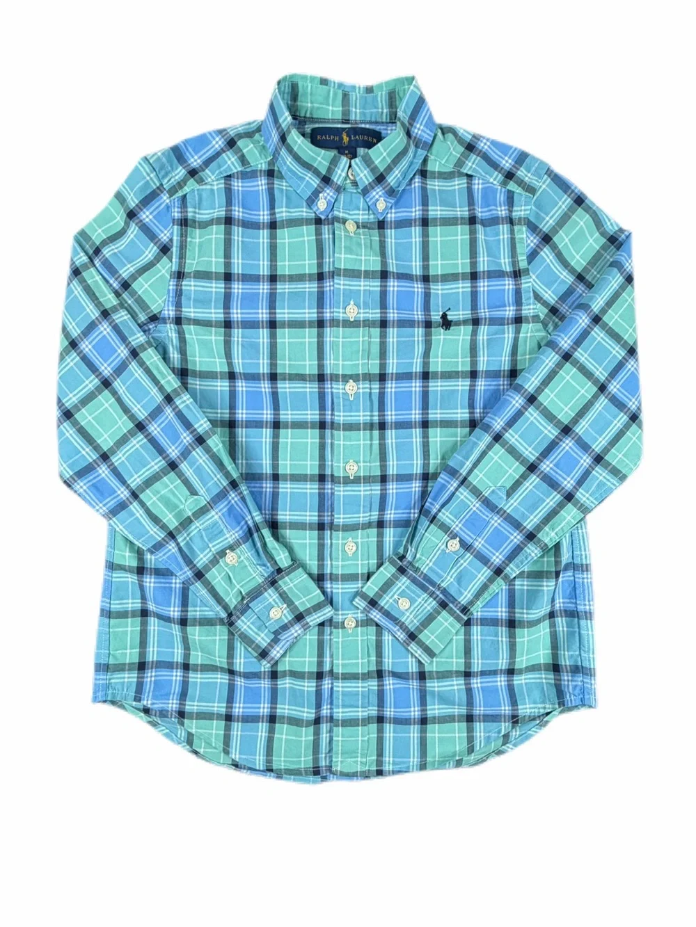 RALPH LAUREN Blue Green Plaid Cotton Poplin Button Down Shirt - M (10-12)